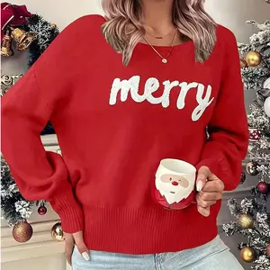 Women's Cute Christmas Sweater Merry Letter Print Long Sleeve Crew Neck Knit Pullover Tops Casual Xmas Holiday Jumper for Autumn