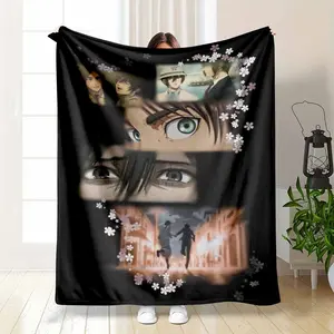 Eren Yeager Mikasa Armin Emotional Anime Fan Gift Lightweight Summer AC Blanket Sakura Petal Collage Thin Breathable Flannel Throw for AC Room Hot Sleepers Soft Cozy Sofa Bedroom Decor Gift Use