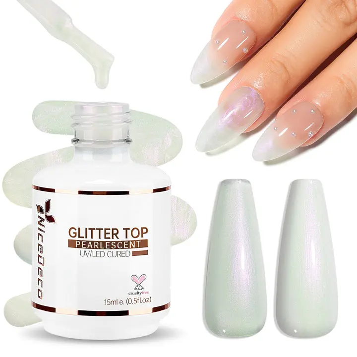 Nicedeco Pearlescent Glitter Gel Nail Polish Top Coat 011 - Shimmer, Iridescent Finish, Professional Manicure Tool with Precision Brush for Nail Art, Uv
