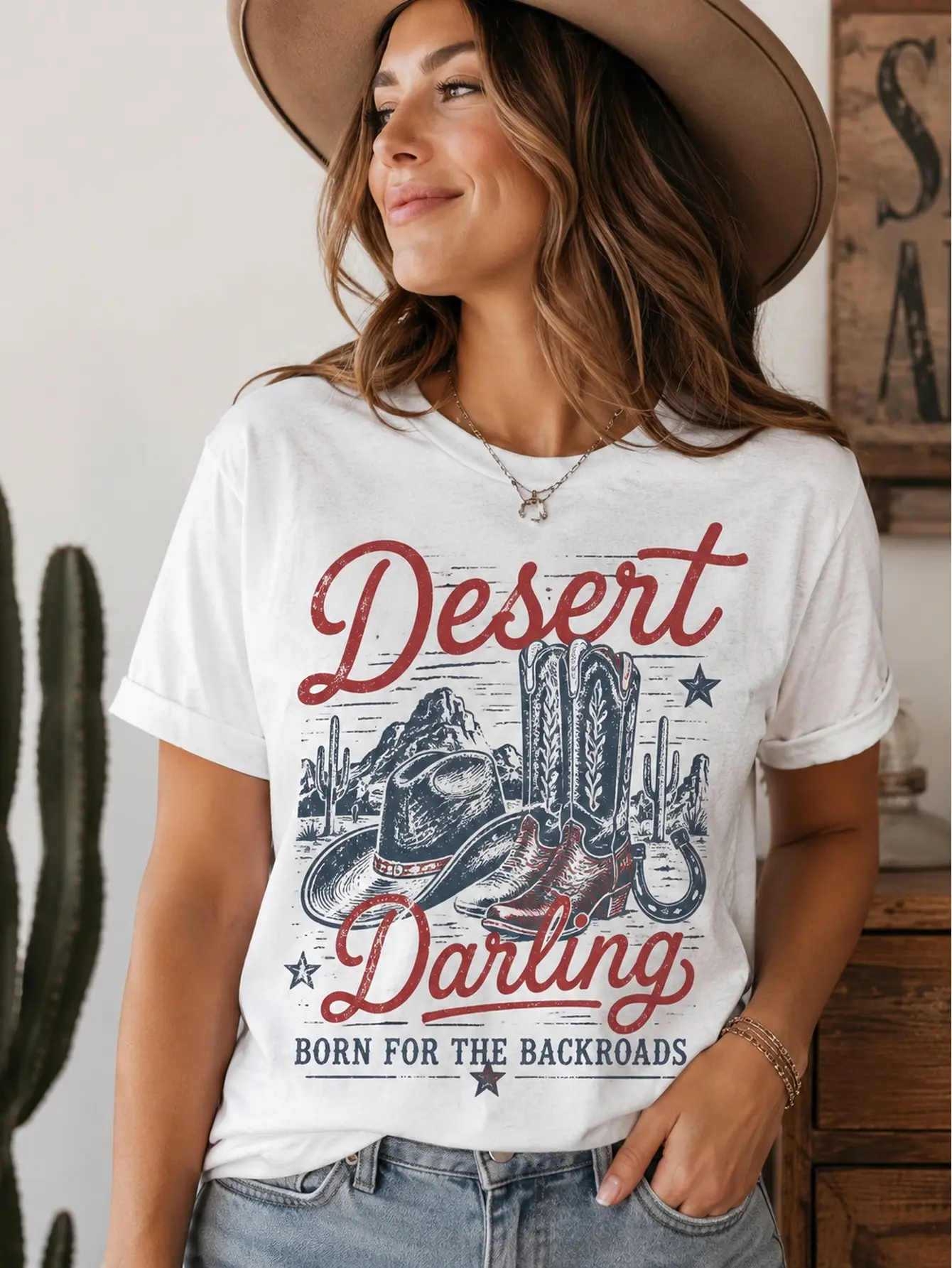 Men's Desert Darling Backroads Graphic White T-Shirt - Western Cowboy Style Apparel, Cowgirl Aesthetic, Desert Landscape Design, Casual Crew Neck Everyday Fabric Tee, Relaxed Fit, for Rodeo, Check Feature