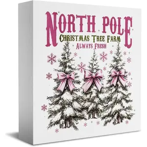 Pink Bow Christmas Tree Decor Wooden Box Sign Pink Snowflake Decorations North Pole Christmas Decorations for Home Office Bedroom Shelf Desk 5x5 inch