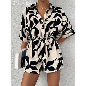 Women's Leaf Print Shortsleeve Tie Waist Romper, Casual Short Sleeve V Neck Jumpsuit for Summer, Fashion Women's Clothes for Daily Wear