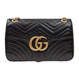 Women's GUCCI GG Marmont Aged Logo Chain Quilted Leather Crossbody Shoulder Bag, Black Leather Bag
