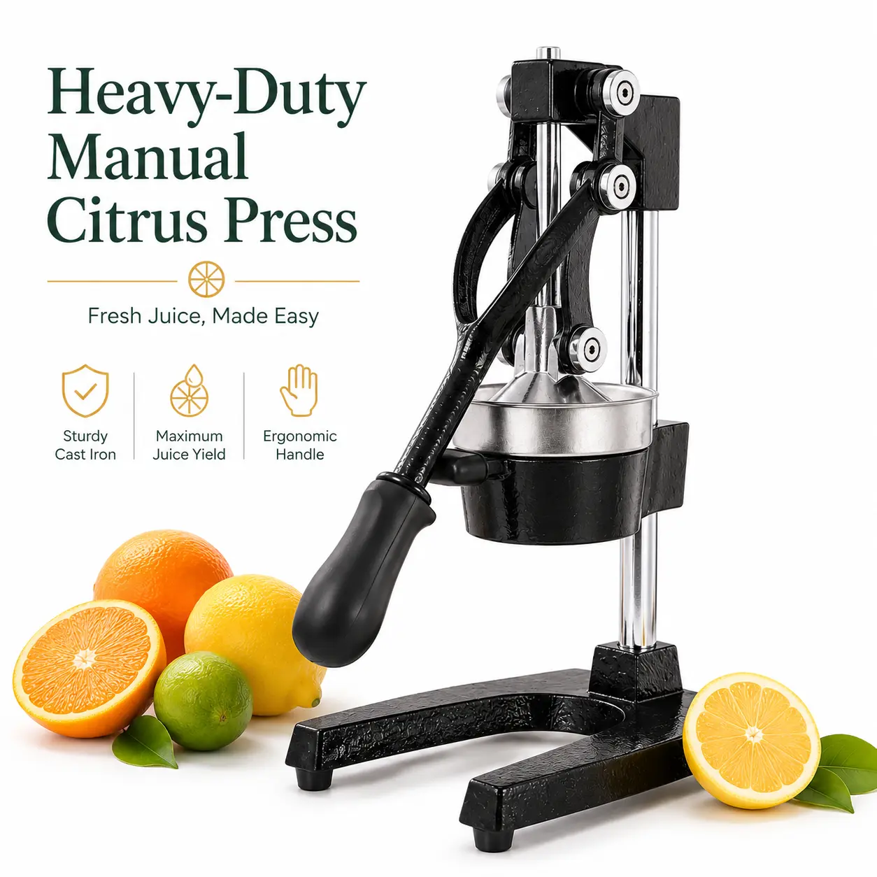 Heavy Duty Manual Citrus Juicer Press, Cast Iron Orange Lemon Lime Squeezer with Stainless Steel Cup, No Electricity Needed, Easy Clean Countertop Hand Press