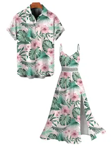 DRESSLILY 2026 Vacation Couple Outfit Women's Hibiscus Flower Leaf Print Slit Dress Geometric Lace Panel Hollow Out Long Dress and Button Up Shirt Casual Matching Set Top Strap