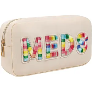 Chenille Letter Patch Nylon  Packages,Cute MEDS Travel Makeup Bag with Metal Zipper,  Purse Organizer  Bag for Women and Girls(01Beige)