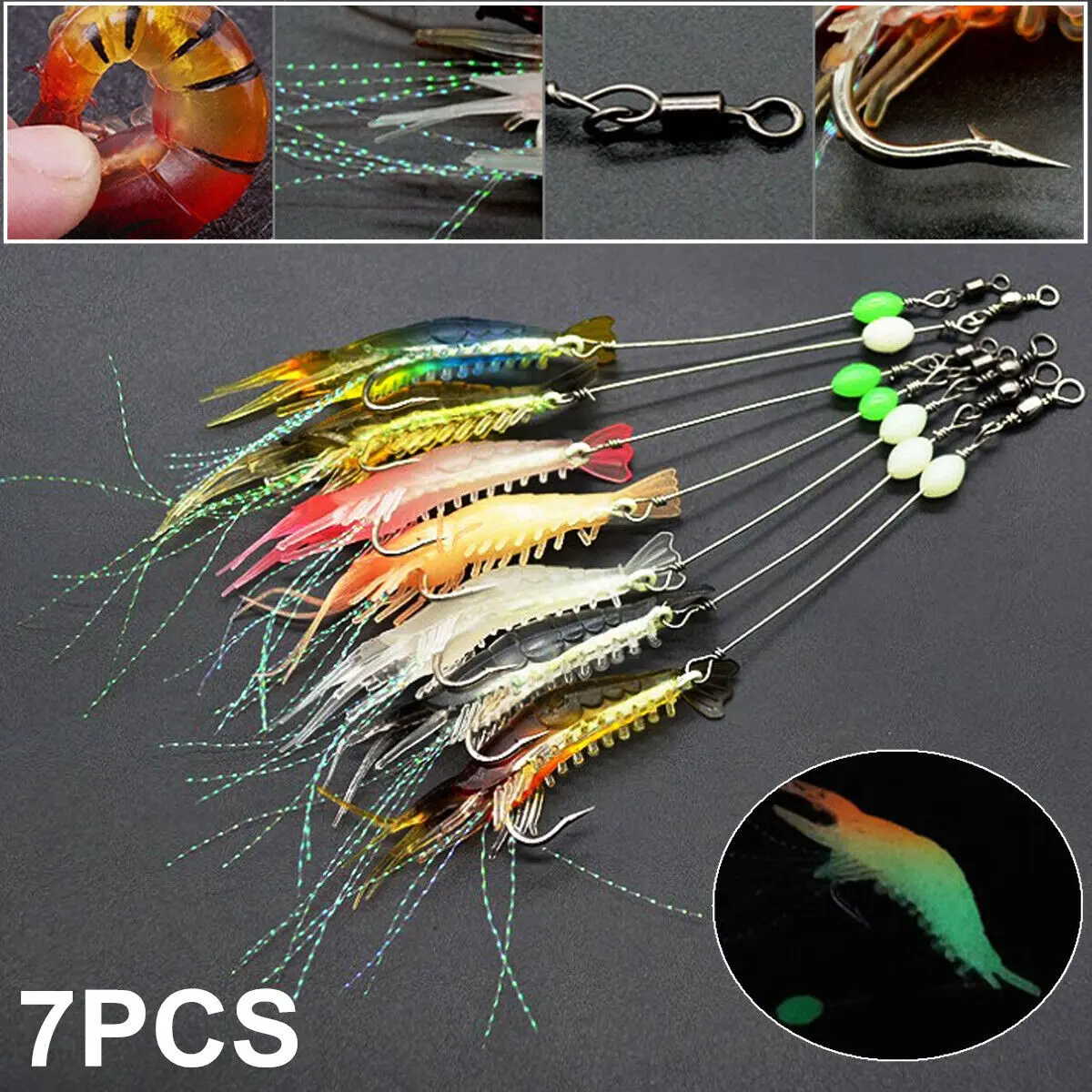 7PCS Glow Luminous Fishing Lures – Soft Shrimp & Prawn Bait Kit with Hooks