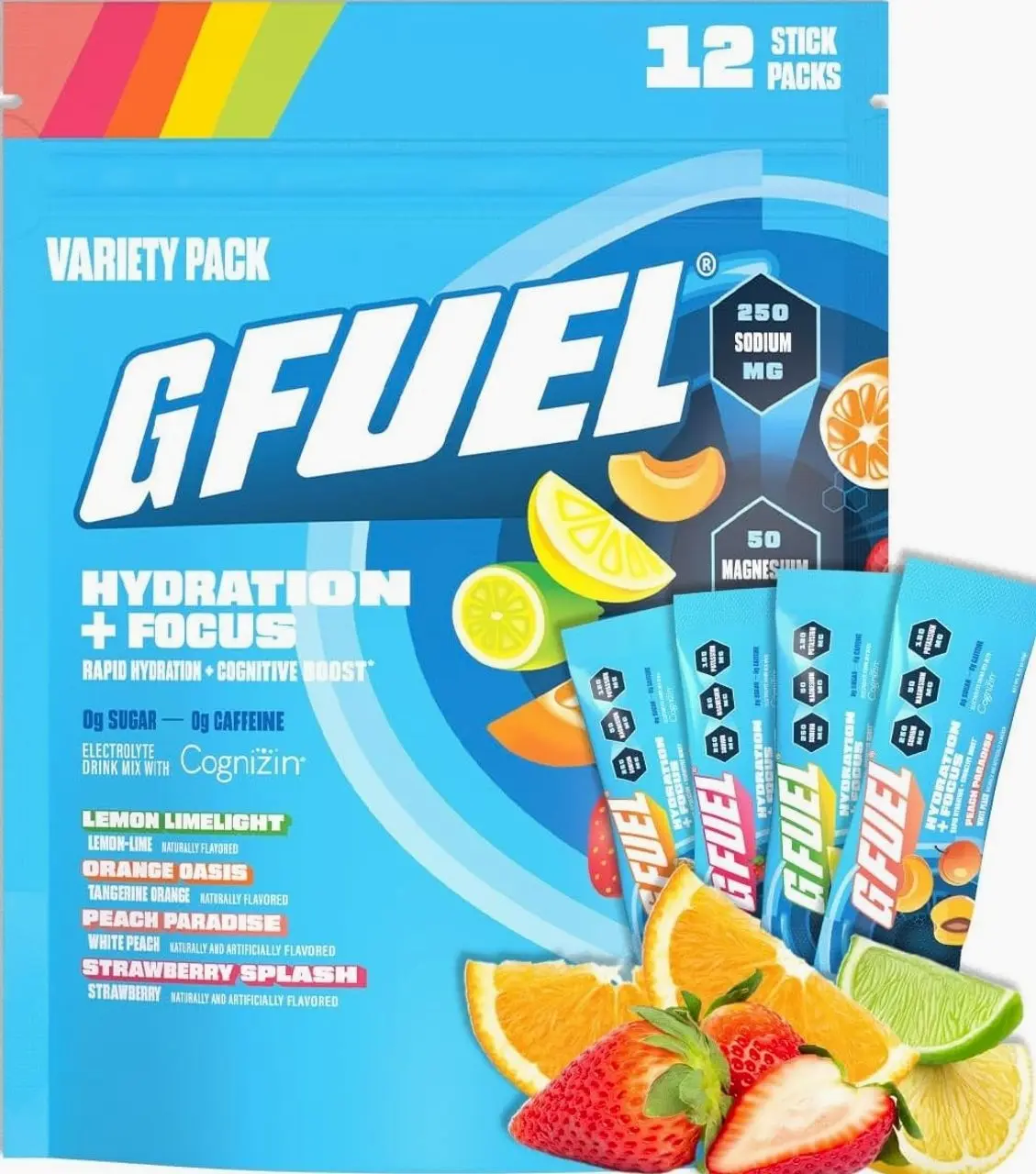 G Fuel Electrolytes Powder for Instant Hydration and Focus | Sugar Free Electrolytes Variety Pack of Lemon, Orange, Peach, Strawberry, Nootropic Drink Mixes to Sharpen Mental Focus, 12 Servings
