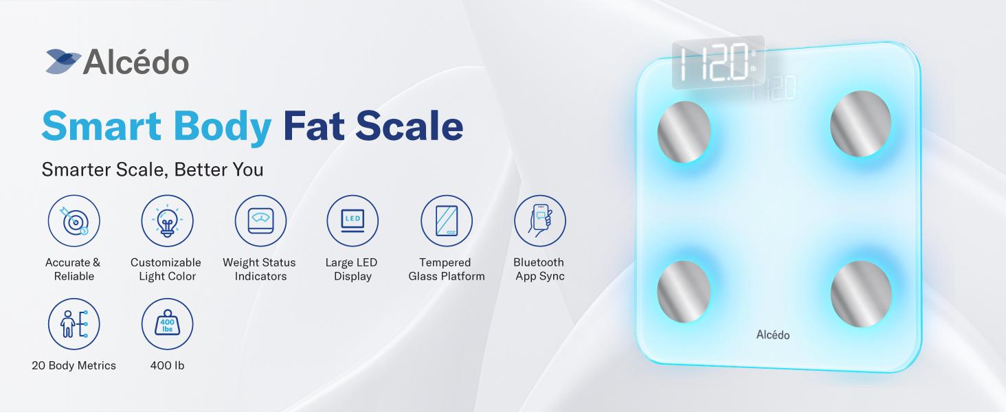 Alcedo Smart Scale for Body Weight, 7-Color Glowing Bluetooth Digital Bathroom Scale for BMI and Body Fat, Body Composition Monitor with Smartphone App