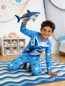 Boys' 2-Piece Cartoon Animal Print Set, Spring & Fall Casual Comfortable Round Neck Long Sleeve Pajamas Sleepwear, Fire Retardant Tested Home Wear, Pajama Outfit