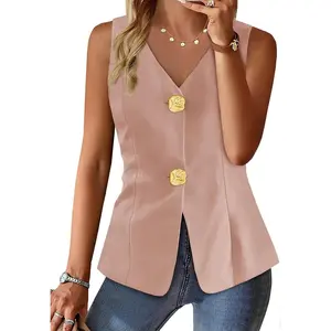 Danedvi Womens Summer V Neck Vest Tops Button up Sleeveless Casual Waistcoat Business Fitted Blazer vest
