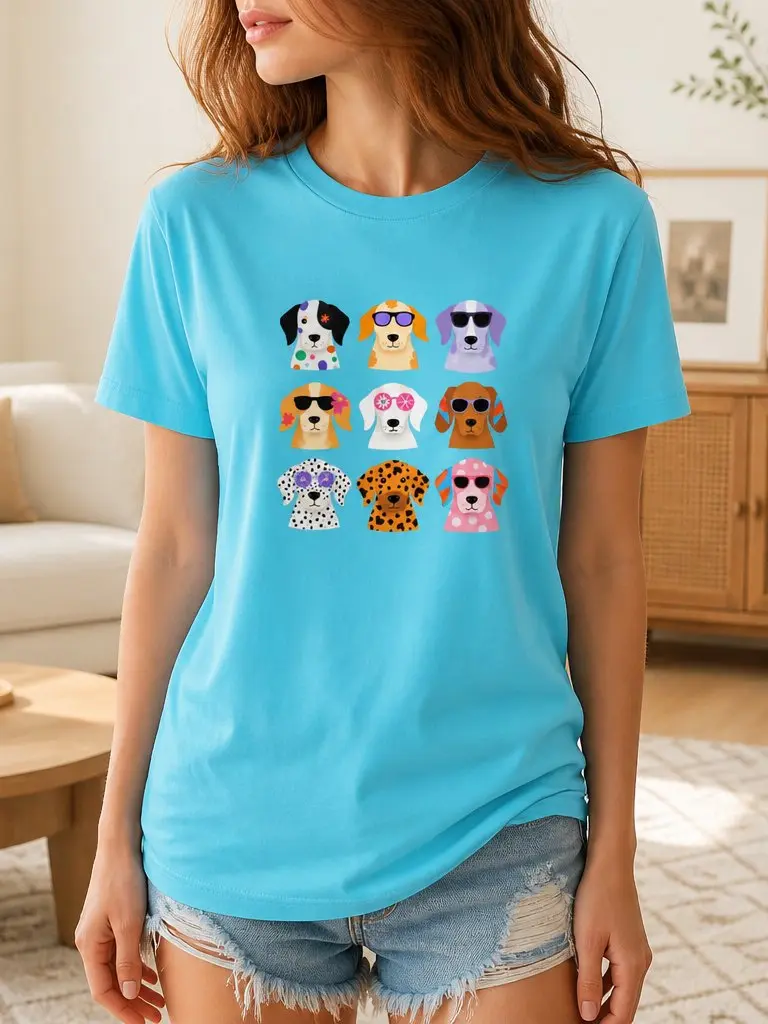 Women Premium Graphic Tee, Soft 100% Cotton Relaxed Fit Short Sleeve Top Crew Neck, Colorful Cartoon Puppy With Sunglasses Graphic Printed, Durable Minimal Basic T-Shirt for Women Street Casual Office Home Outdoor Daily Outfits.