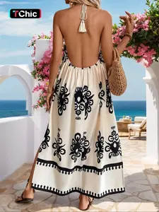 Women's Graphic Print  Cami Dress, Boho Sleeveless Spaghetti Strap  Dress for Beach Holiday Vacation, Ladies Summer Clothes