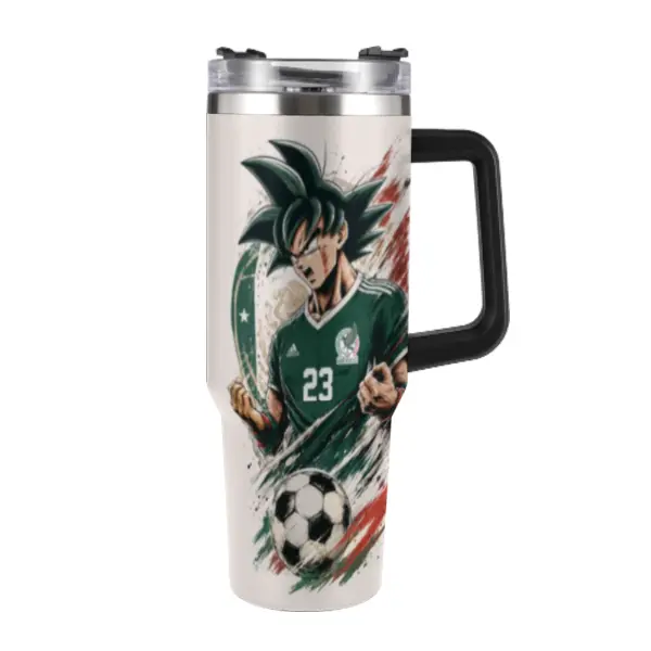 The Mexico 40oz insulated mug with handle and straw lid – this travel mug incorporates Aztec bone art, is made of insulated stainless steel, and is a great gift for football fans, perfect for the biggest football festival of 2026.