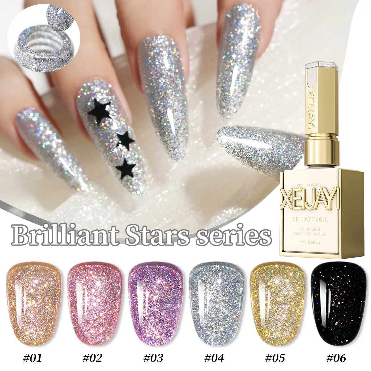 6PC 15ML Unisex Neutral Brilliant Stars Series Glitter Gel Polish Bottles - Alcohol-Free, Long Wear, Soak-Off/LED, Glamorous Sparkling Glossy Finish, Professional Quality for Salon DIY Nail Art