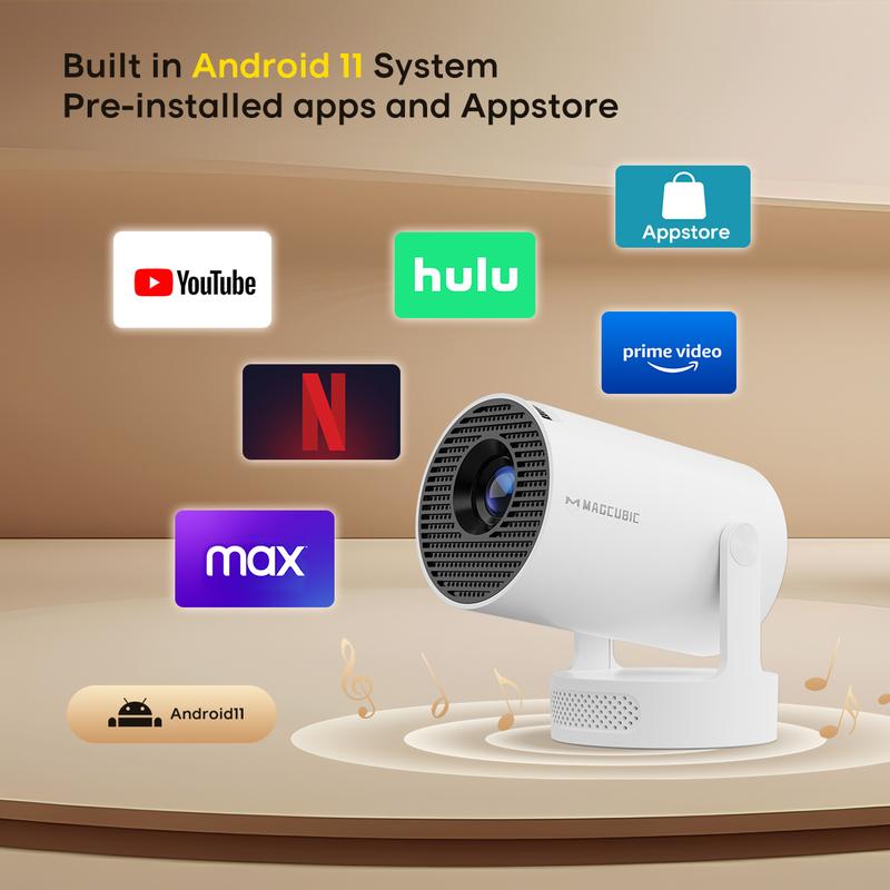 Smart Projector HY300Pro+ with 4K Decode 290ANSI Lumens Auto Keystone Correction Built-in 5W speaker Dual WiFi6 Wireless BT5.4 Android 11 Native 1280*720P for Home Cinema Portable Movie Theater