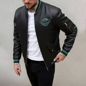 Men's colorblock pattern sports PU leather flight jacket with striped zipper, college style outerwear, durable design fashionable coat, casual stylish comfortable piece, suitable for everyday wear and outdoor activities