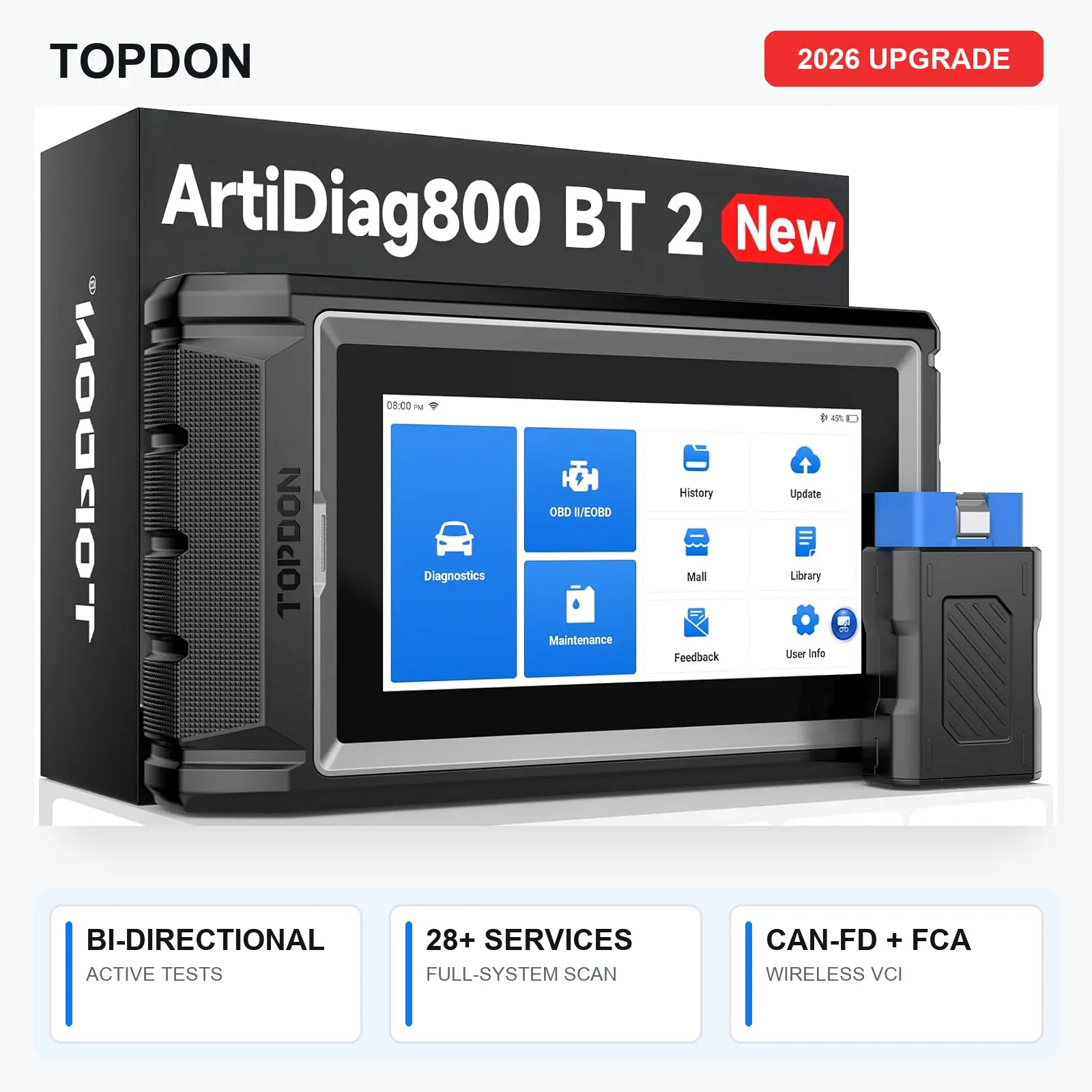 ArtiDiag800 BT 2 OBD2 Scanner, Bi-Directional Scan Tool, Full System Diagnostic Tool with 28+ Service Functions, CAN FD, FCA AutoAuth, Wireless Bluetooth