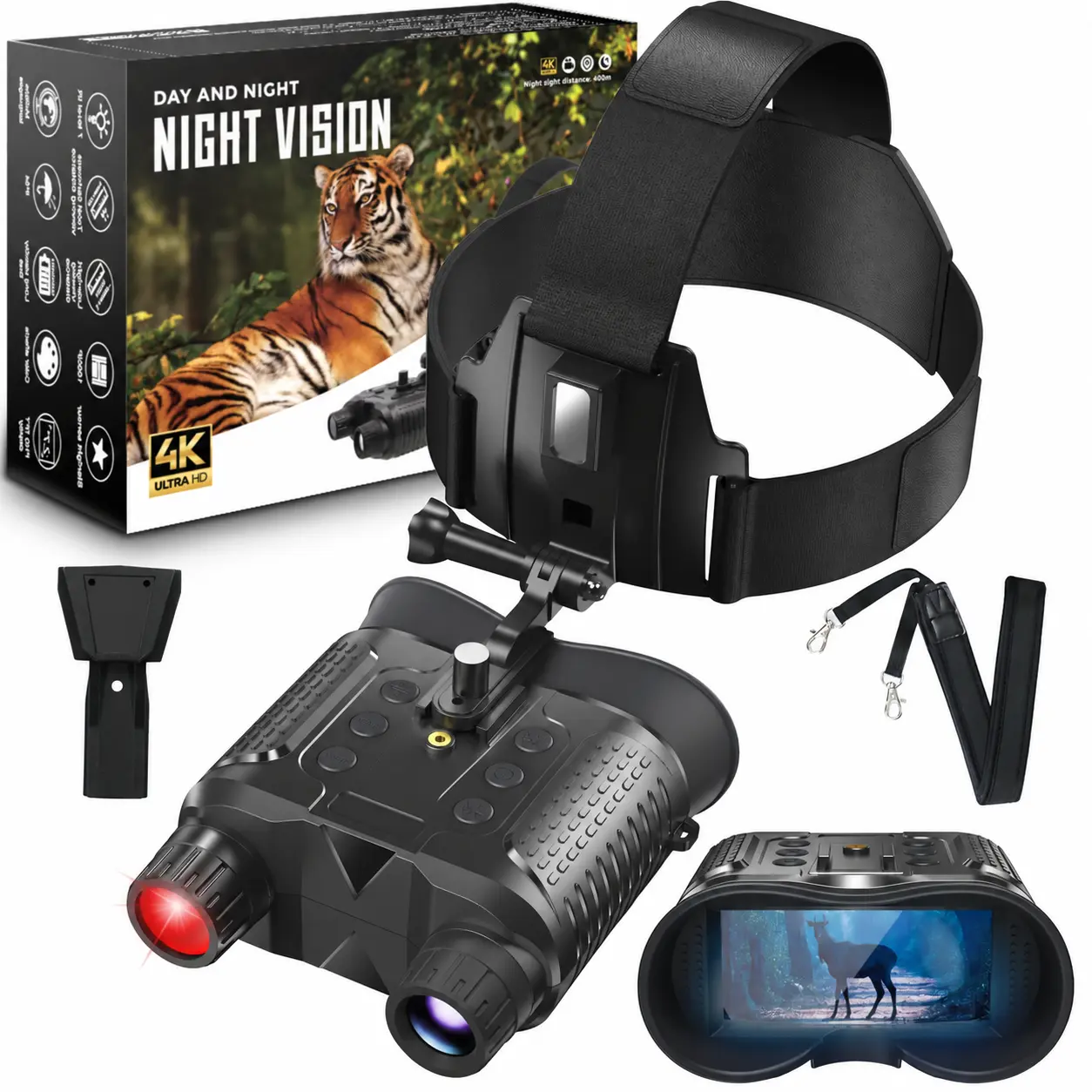 KINKA Head-Mounted & Handheld Night Vision Goggles, 1080P / 4K Video Options, 2.7" Screen, 8X Digital Zoom, 7-Level IR, Rechargeable, 32GB Card & Head Strap Included