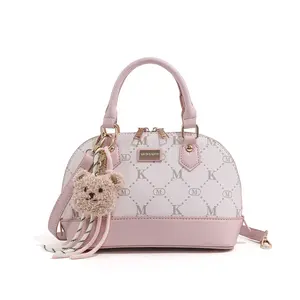 Women's Retro Mk Print Shell Bag, Cute Bear Charm Crossbody Handbag, Perfect for Work, Stylish and Functional Shoulder Bag