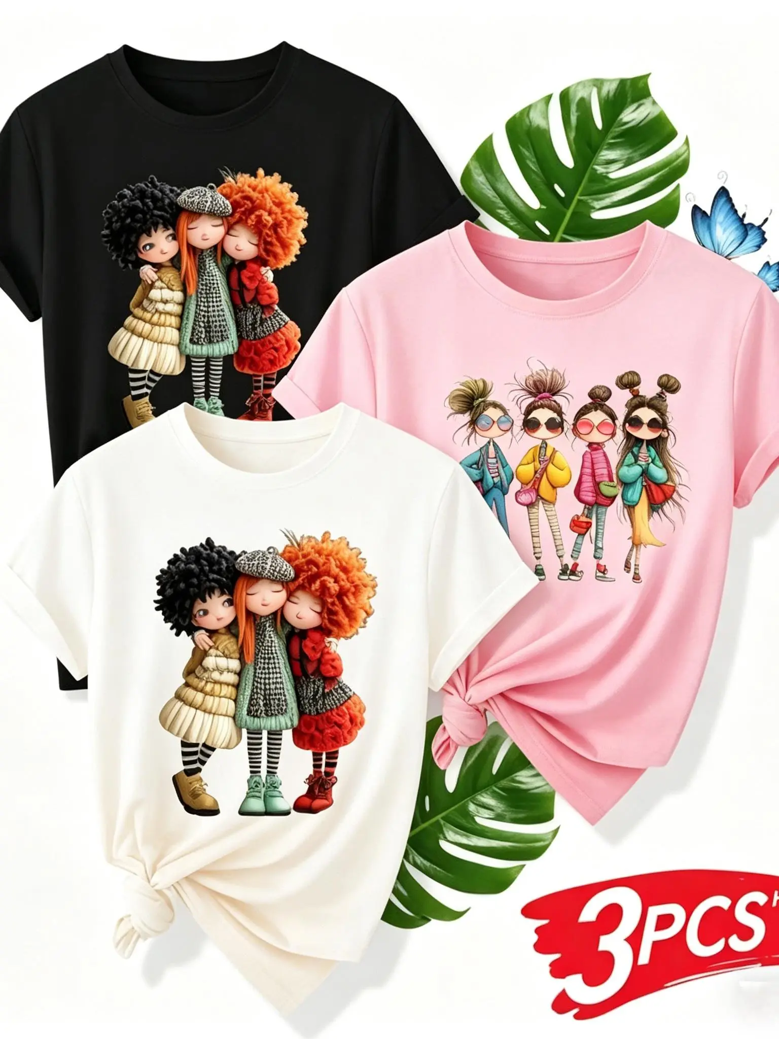Women's Soft Cotton 3pcs Graphic Tshirt Pack - Fitted Cropped Short Sleeve Round Neck Tops with Cartoon Doll Print, Heat Transfer Fabric, for Christmas Casual Wear