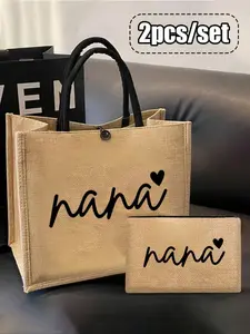 2 Piece 'nana' Print Tote Bag Set, Beach Bag and Lightweight Shopping Bag, Commuter Tote Bag with Mini Coin Purse, Large Capacity Handbag and Makeup Bag, Perfect Gift for Mother's Day, Teachers, New Year, Valentine's Day, Handcrafted Bag