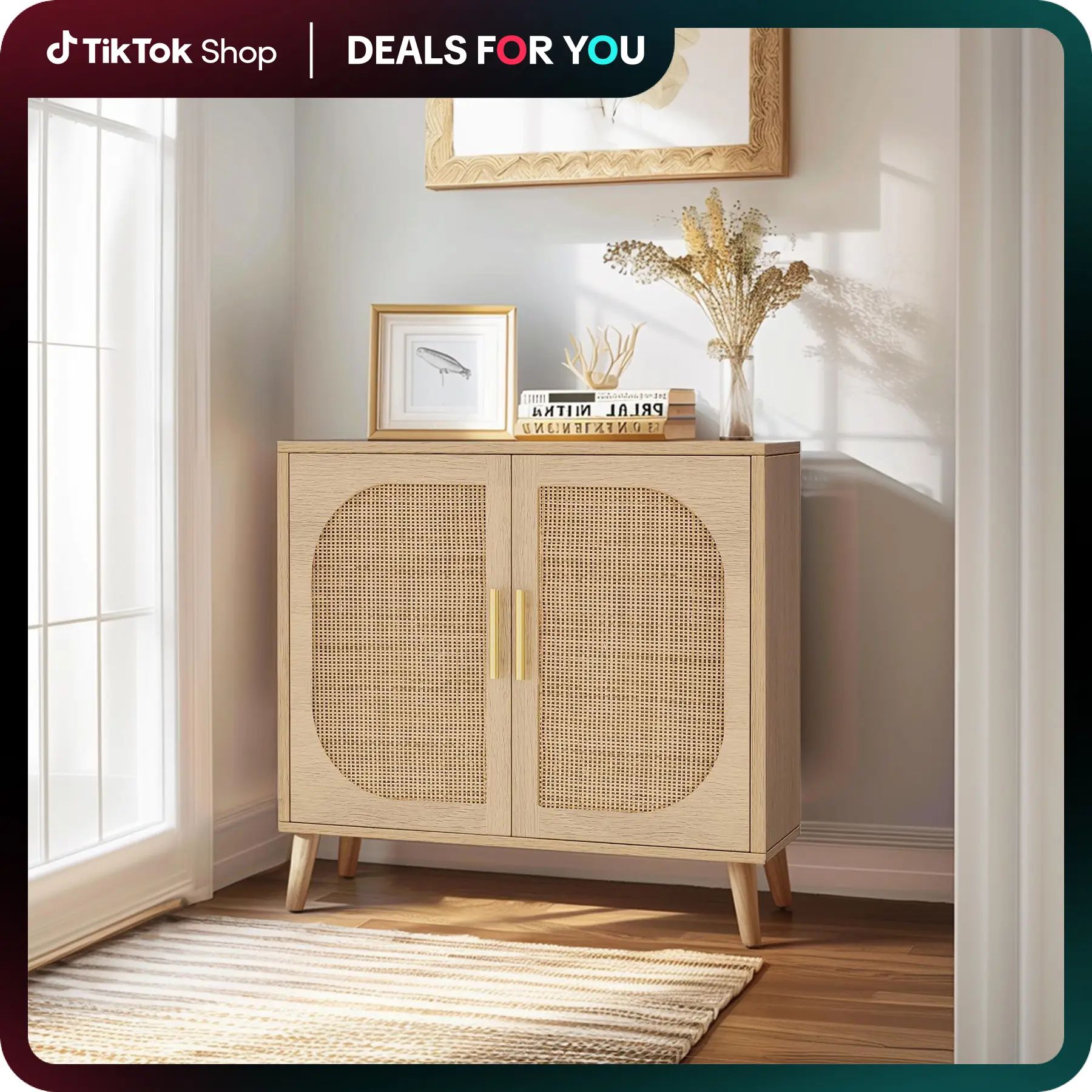 【Laborday】Rattan Storage Cabinet，Accent Bathroom Floor Cabinet，with Two Doors and 4 compartments for Storage，for Living Room, Bathroom，Entryway and Ki