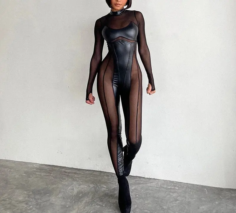 Trendy Black Faux Leather Mesh Patchwork Jumpsuit