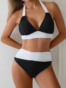 Women's Fashion Bikini Set, Sexy V-Neck Colorblock, High-Waisted Crossed Straps, Two-Piece Swimsuit, Vacation Style