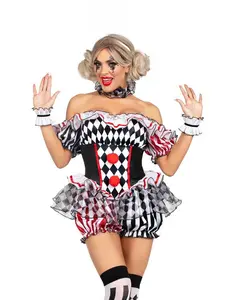 Harley Quinn-Inspired Clown Costume - Romper with Integrated Bloomers, Ruffle Wrist Bracelets, Collar & Coned Hat for Halloween & Cosplay