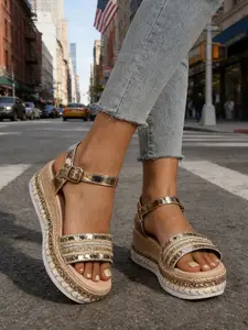 Summer New Sequined Wedge Sandals for Women, Elegant Sandals, One Strap Thick Sole Platform Shoes, Bohemian Style Casual Female Footwear