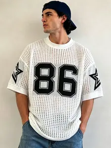 Men's Star & Number Print Knit Top, Casual Comfy Top, Breathable Waffle Knit, Regular Fit Casual Hollow Out Short Sleeve Pullover for Summer, Men's Knitwear for Daily Wear, Round Neck Pullover, Casual Fitted Pullover