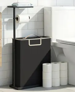 Toilet Paper Holder Free Standing with Storage for Up to 12 Rolls,Rustproof Metal Toilet Paper Stand with Shelf,All-in-One Toilet Tissue Roll Dispenser and Organizer with a Lidded Basket,Black