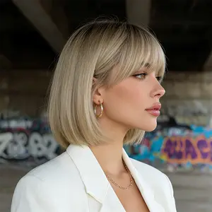 12" Blonde Ombre Bob Wig with Dark Roots | Natural Straight Short Hair Wig