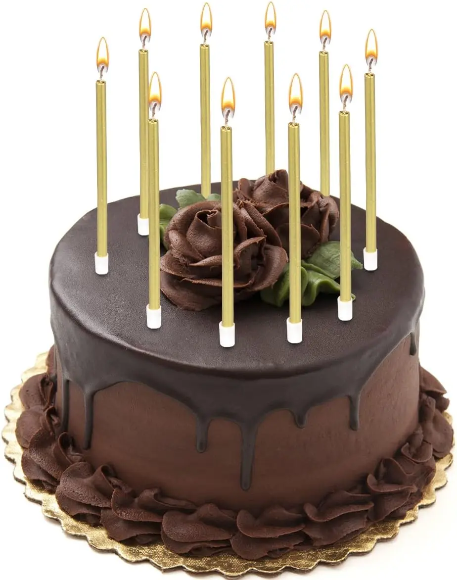 24 Count Party Long Thin Cake Candles Metallic Birthday Candles in Holders for Birthday Cakes Cupcake, Gold Party Home