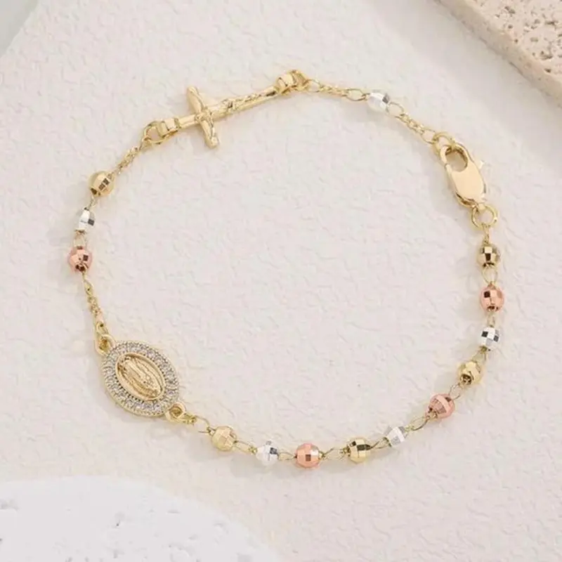Women's Elegant Virgin Mary Design Bracelet with Cross, Fashionable Religious Jewelry, Versatile and Delicate Birthday Gift, Faith wear jewelry, Copper Cross Bracelet, Bracelets Jewelry