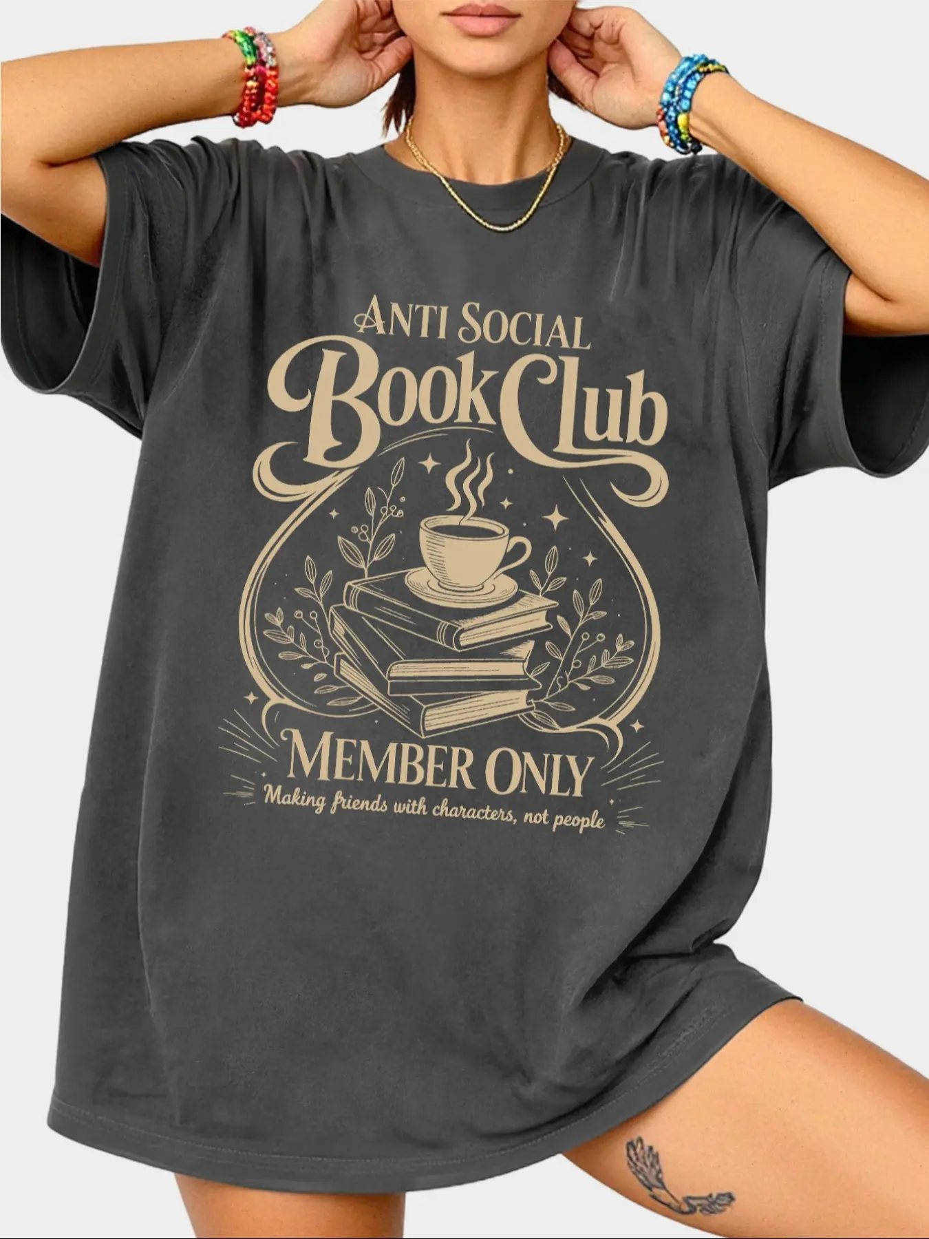 "Anti-Social Book Club" casual T-shirt, Casual Tee, Round neck, Printed, Everyday, Women, Graphic, loose, comfortable, with literary and artistic elements, suitable for reading dates, casual outings