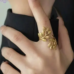 Women's Forest Leaf Design Cuff Ring - Adjustable Fitted Stainless Steel Alloy Ring with Metallic Detailing, Elegant Jewelry for Valentine's Day & Vacation Gifting, Adjustable Fitted Rings, Alloy Rings
