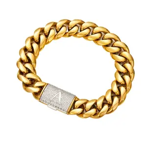 Men's 14mm Personalized Golden Initial Letter Chunky Cuban Chain Necklace - Gold Base Cover, Silver Flip-Up Clasp, HipHop Punk Style Jewelry for Party, Daily Decoration
