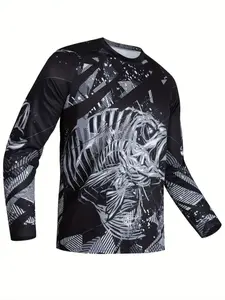 Geometric Fish Print Long Sleeve T-Shirt, Casual Fitted Polyester Blend Tee, Activewear Tees, Athletic Style Activewear for Fall & Winter, Perfect for Hiking, Sports, Outdoor Activities, Athletic Clothes, Athletic Tops
