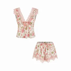 Cider Satin V-neck Floral Bowknot Top & Low Rise Drawstring Lace Trim Shorts Loungewear Set