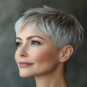 Hot Fashionable Women's 4-Inch Pixie Cut Human Hair Wig - Natural Gray Hairstyle with Glossy Finish, 180% Density, Rose Net Cap - for Everyday, Parties - Suitfor All Light Beige Tones - High-Quality Human Hair Wig, Versatile Hairpiece, Cosplay Accessory