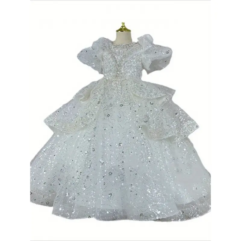 Girls' White Princess Style Formal Floral Tulle Dress - Cute Birthday Party Dress for Flower Girl Pageant Celebrations, Birthday Party Dresses