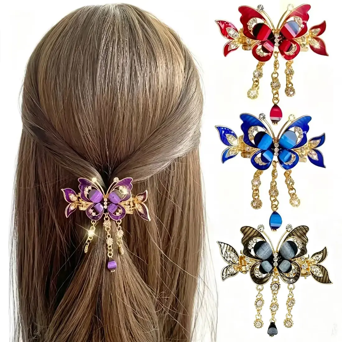 Vintage Butterfly Decorative Hair Clips, 4-Piece Metal Barrettes Set for Women with Tassel and Headband, Fairy Aesthetic Updo Hair Accessories for Party and Daily Use, Barrettes Hair Clips