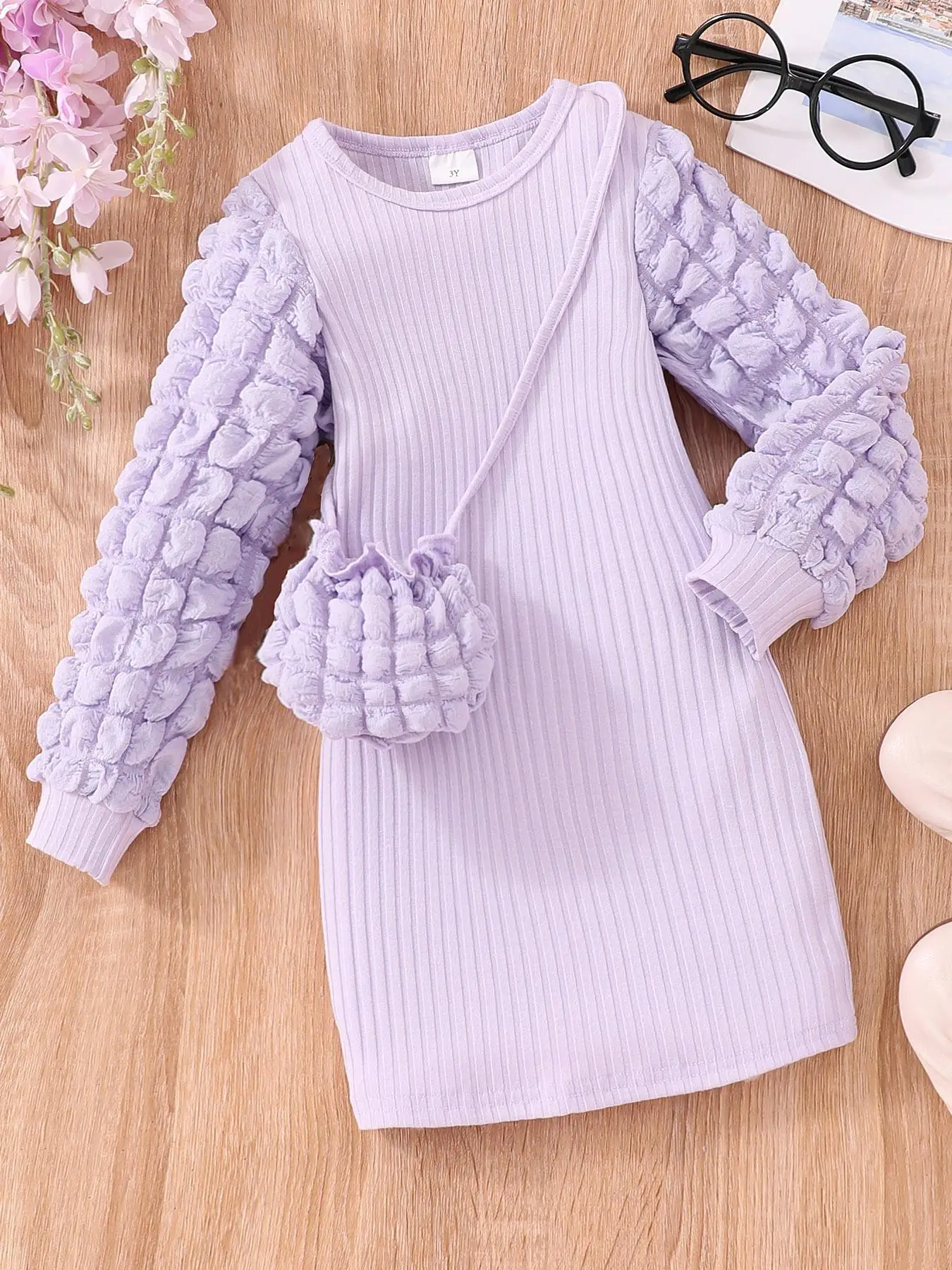 Girl's Solid Textured Long Sleeve Ribbed Dress & Crossbody Bag, Elegant Fashion Round Neck Dress with Crossbody Bag for Daily Outdoor Wear, Girls Dres