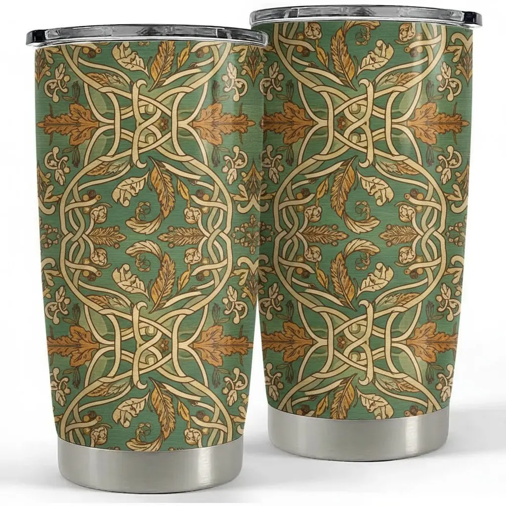 20oz Stainless Steel Vacuum Insulated Tumbler with Authentic Celtic Knot and Leaf Pattern - Green and Gold Nature-Inspired Design, Portable Coffee Flask with Secure Lid for Hot or Cold Drinks, Ideal Men's Gift for Christmas, Birthday or Outdoor Adven