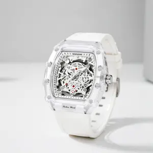 Men's Luxury Transparent Barrel-Shaped Tonneau Skeleton Quartz Watch Waterproof Wristwatch with Calendar & Luminous Markers for Daily Party Outdoor Use Birthday Gift