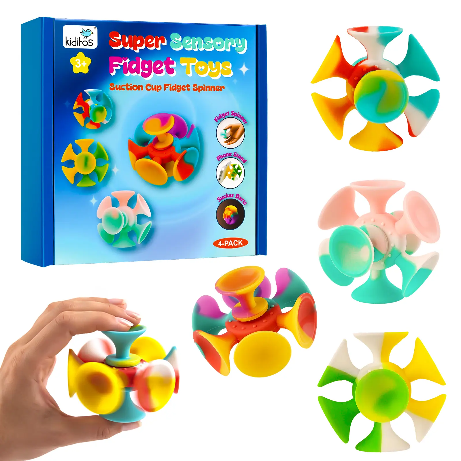 Kiditos Suction Cup Fidget Spinner 4 Pack, Stick & Spin Sensory Toy for Kids, Party Favors & Classroom Prizes
