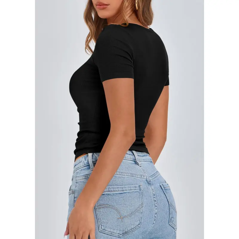Women's 2026 Fall Summer Short Sleeve Tops Ribbed Henley Button Slim Fit Basic Casual T Shirts Blouse Clothing Women's 2026 Fall Summer Short Sleeve Tops Ribbed Henley Button Slim Fit Basic Casual T Shirts Blouse Clothing