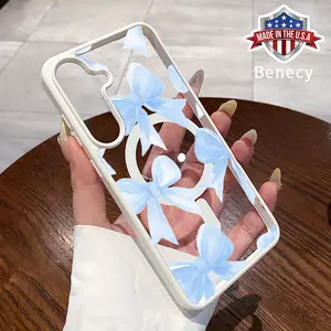 Magnetic Phone Case Supports Wireless Charging Compatible with Galaxy S23 Ultra S24 Plus FE S25 S22+ Elegant Blue Bows Pattern Non-Yellowing Silicone Transparent Acrylic Drop Protective Cover